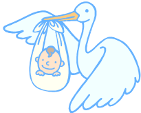 Zeichnung eines Storchs, der Tuch mit Baby im Schnabel hlt