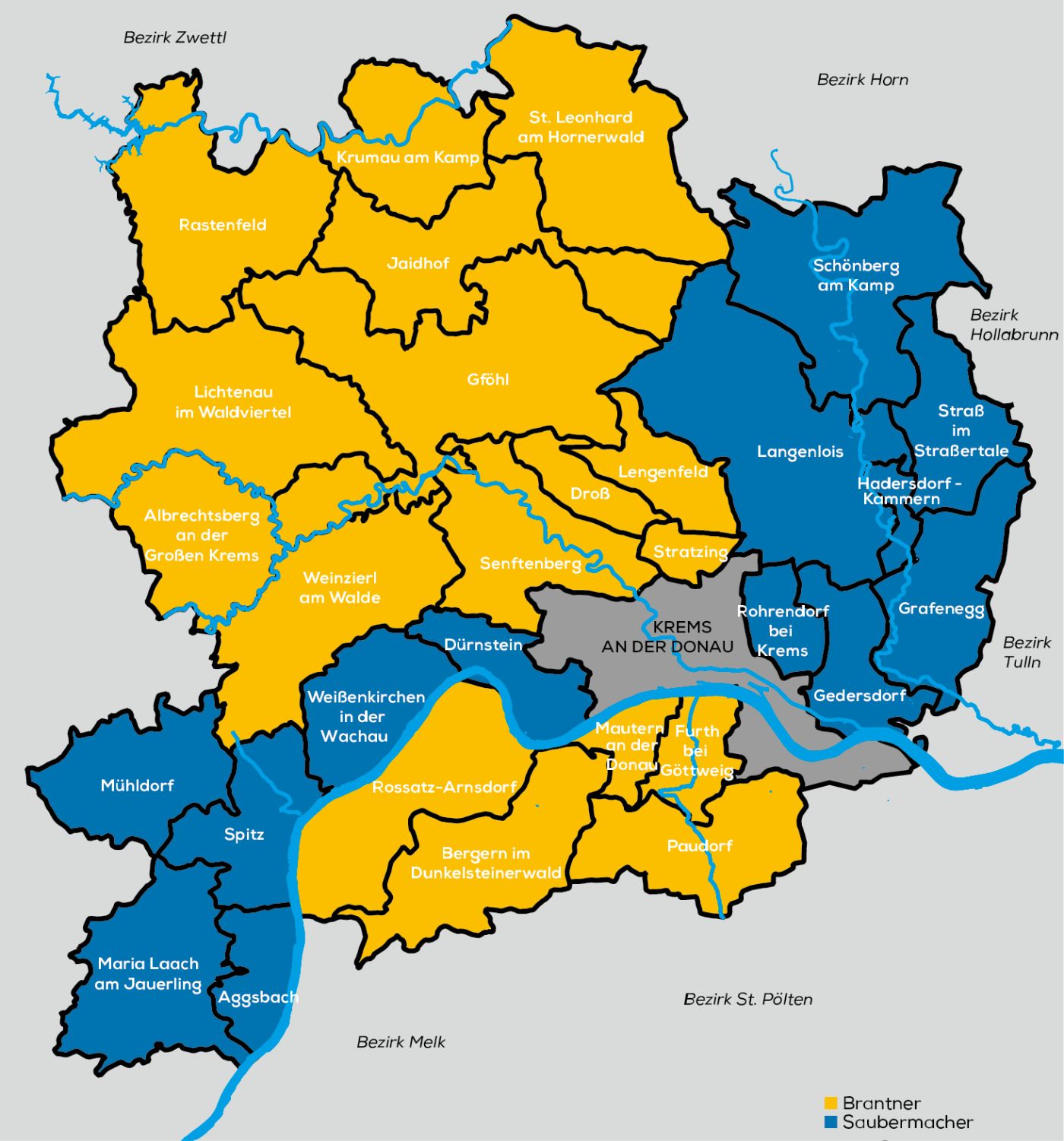 Karte des Bezirkes Krems mit gelb und blau eingefrbten Gemeinden